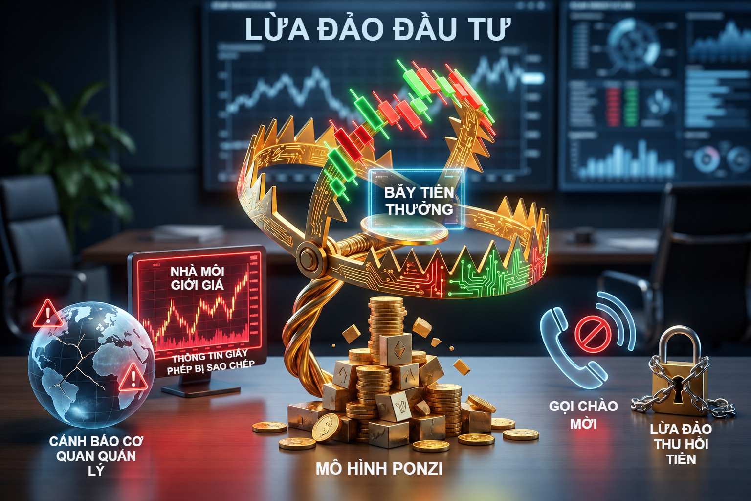 Các hình ảnh ẩn dụ lừa đảo đầu tư: nhà môi giới giả, bẫy tiền thưởng, mô hình Ponzi và lừa đảo thu hồi tiền.