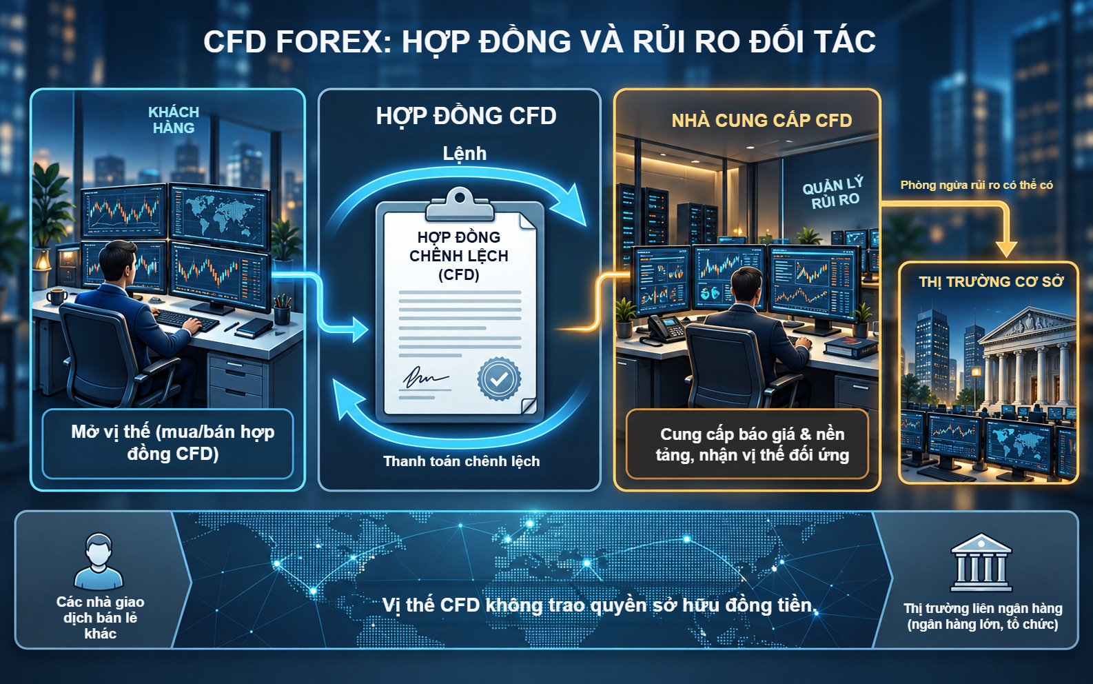 Hợp đồng CFD giữa khách hàng và nhà cung cấp, với giao dịch phòng ngừa rủi ro riêng mà nhà cung cấp có thể lựa chọn.