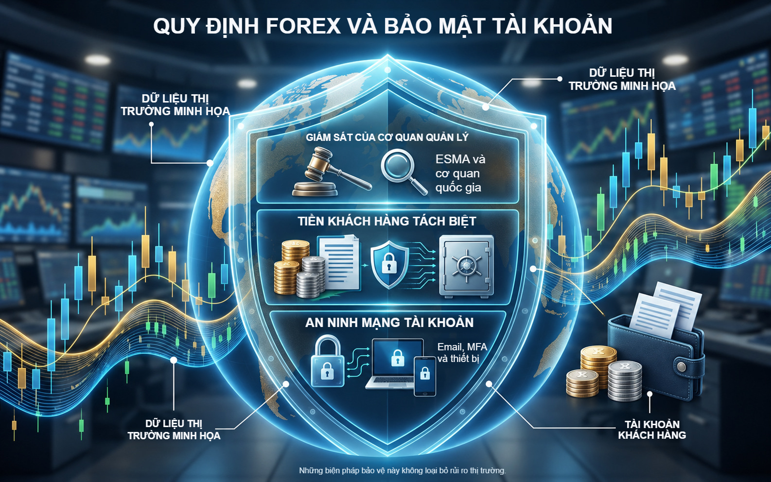 Sự giám sát của cơ quan quản lý, tiền được tách biệt và an ninh mạng của nhà giao dịch được thể hiện thành các lớp riêng quanh bàn giao dịch.