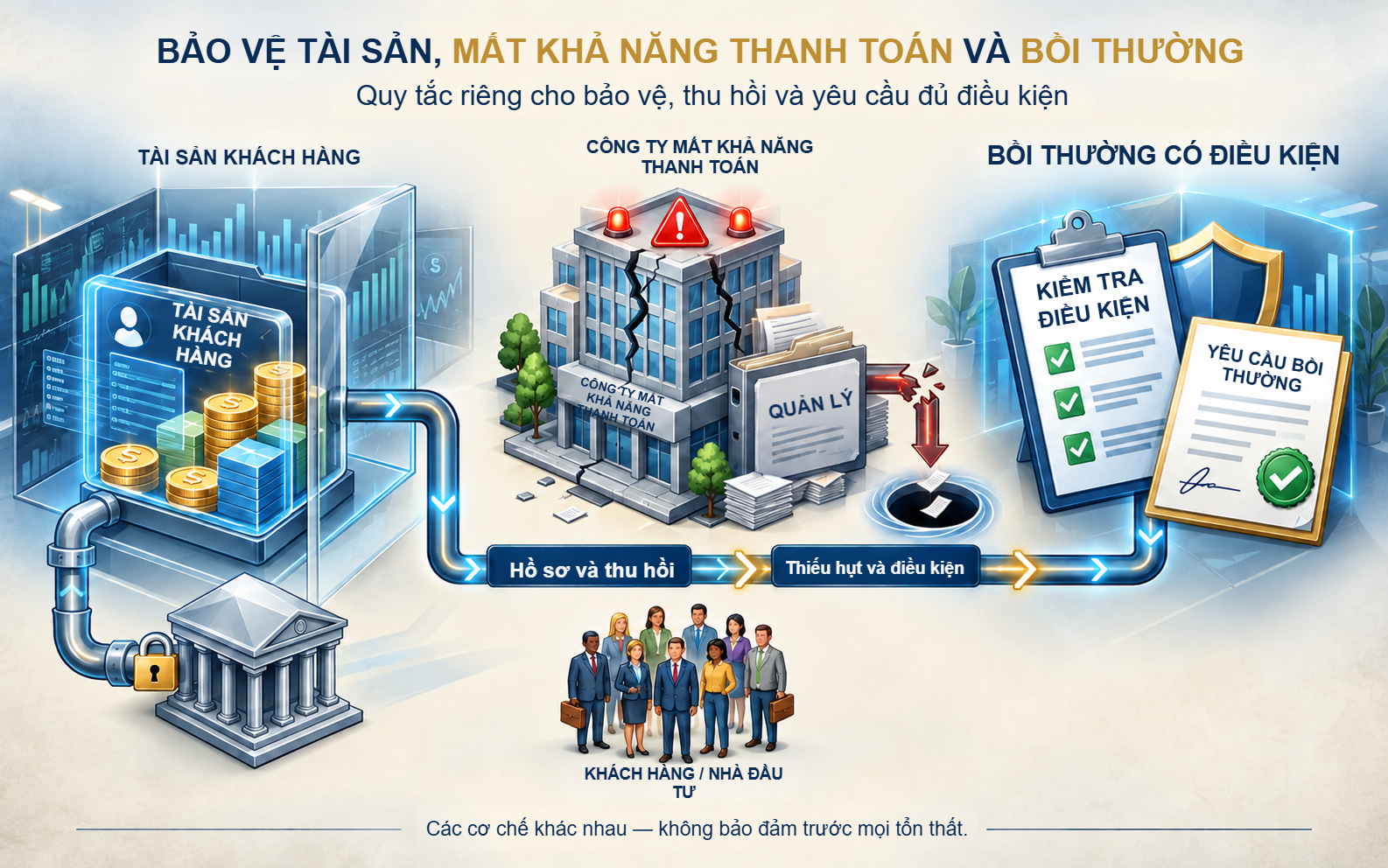 Tài sản khách hàng, công ty mất khả năng thanh toán và bồi thường có điều kiện được minh họa thành ba cơ chế riêng.
