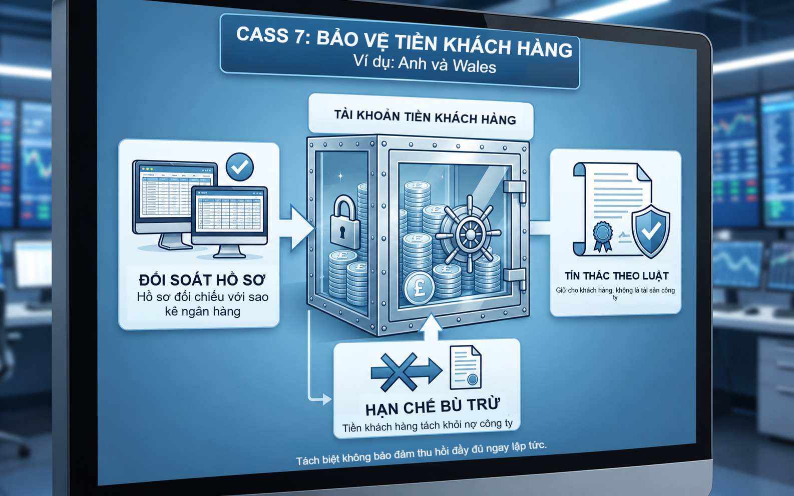 Tài khoản tiền khách hàng CASS 7, hồ sơ đối soát, tín thác theo luật và hạn chế dùng tiền khách hàng trả nợ công ty.