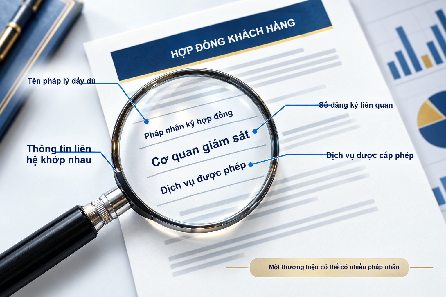 Hợp đồng khách hàng dưới kính lúp: tên pháp lý, cơ quan giám sát, dịch vụ và thông tin liên hệ.
