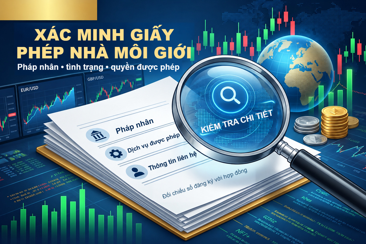Kính lúp trên tài liệu: kiểm tra pháp nhân, tình trạng và quyền được phép của nhà môi giới.