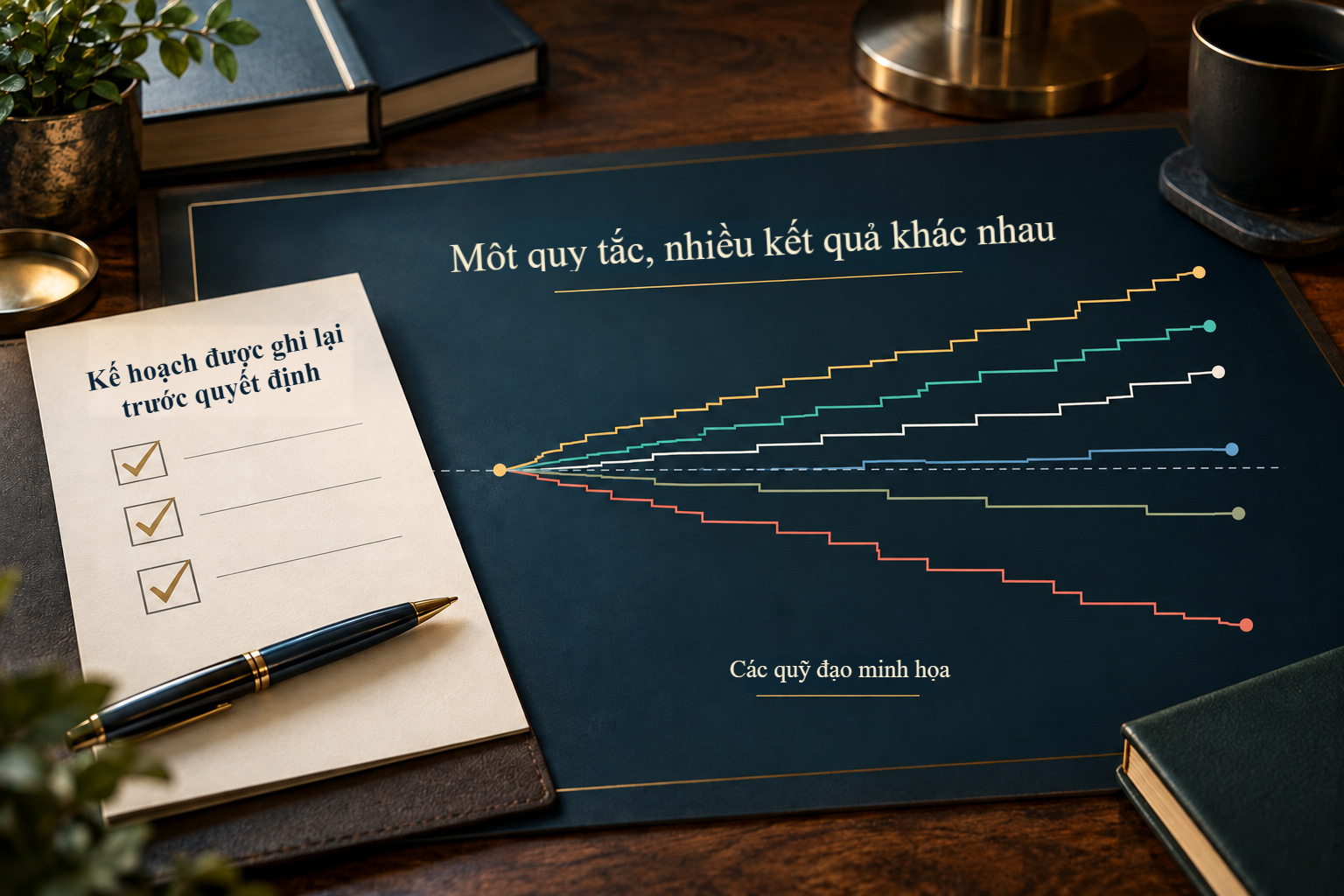 Kế hoạch được ghi trước quyết định và các đường kết quả minh họa phân kỳ; cùng một kế hoạch không bảo đảm kết quả riêng lẻ.