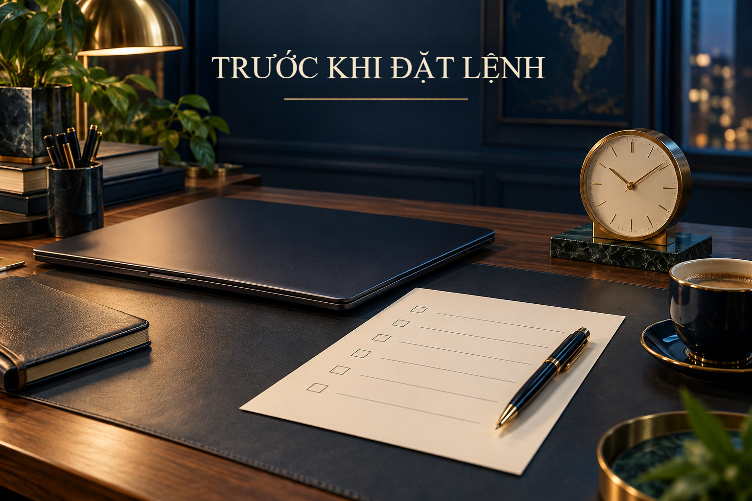 Minh họa bàn làm việc ngăn nắp với thẻ quy trình cạnh thiết bị giao dịch, thể hiện sự chuẩn bị trước lệnh.