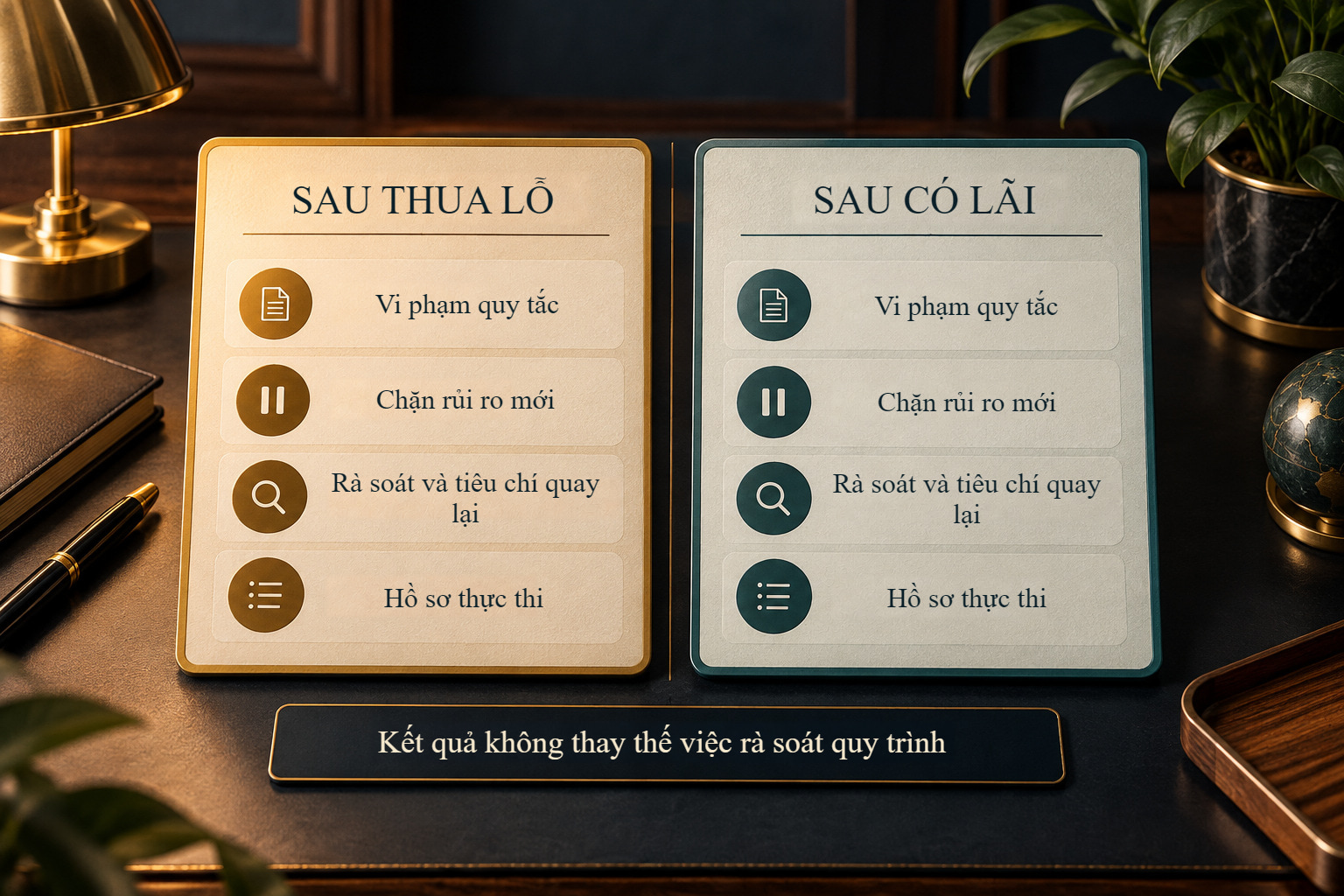 Hai thẻ đặt cạnh nhau, sau thua và sau thắng: vi phạm quy tắc, chặn rủi ro mới, tiêu chí rà soát và quay lại, cùng bản ghi thực hiện.