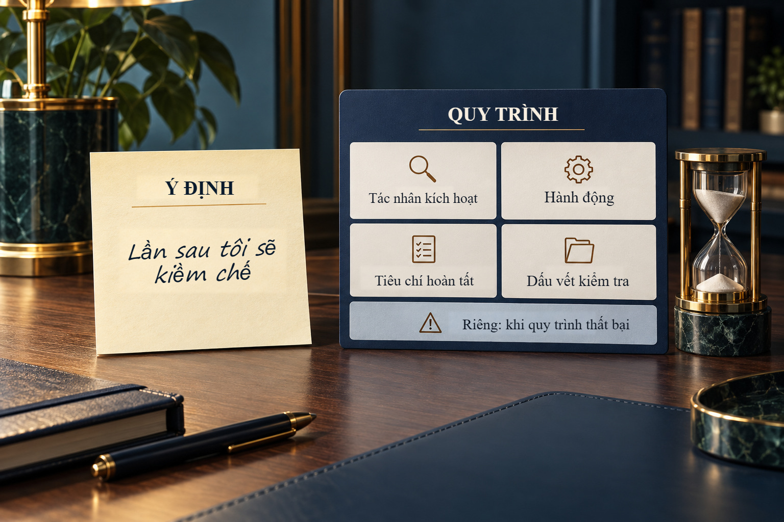 So sánh lời quyết tâm chung chung với thủ tục: điều kiện kích hoạt, hành động, tiêu chí kết thúc và dấu vết kiểm tra; tiêu chí thất bại được thể hiện riêng