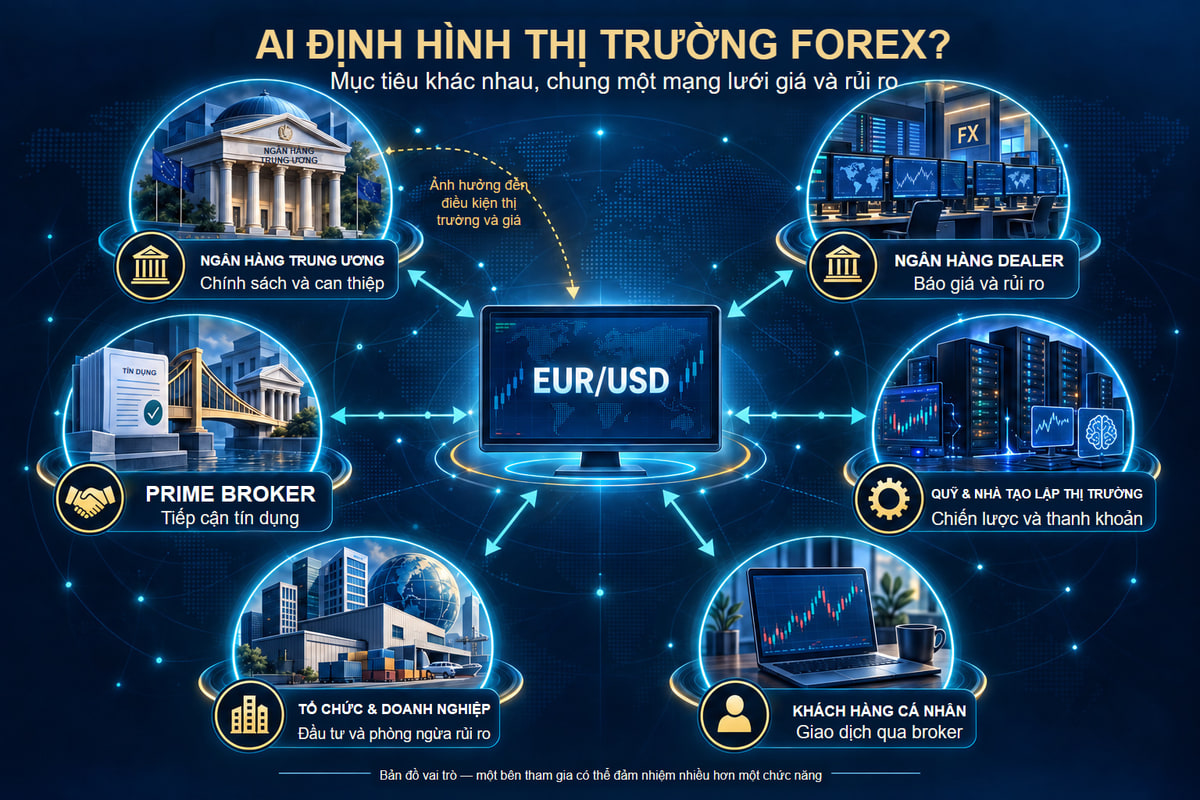 Mạng lưới vai trò và quan hệ của các bên tham gia Forex. Các bên hình thành mạng lưới quan hệ; không có đường đi bắt buộc duy nhất cho lệnh.