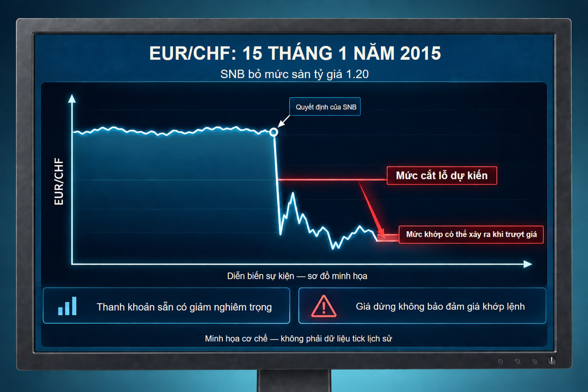 SNB ngày 15 tháng 1 năm 2015: thanh khoản và rủi ro trượt giá. Sơ đồ rủi ro thanh khoản và trượt giá sau quyết định SNB ngày 15 tháng 1 năm 2015; không phải dữ liệu tick lịch sử.