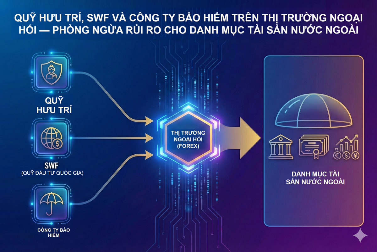 Vốn dài hạn: quỹ hưu trí, quỹ đầu tư quốc gia và phòng hộ danh mục. Phòng hộ danh mục phụ thuộc vào nhiệm vụ và tỷ lệ phòng hộ mục tiêu; không phải tổ chức nào cũng phòng hộ toàn bộ mức phơi nhiễm.