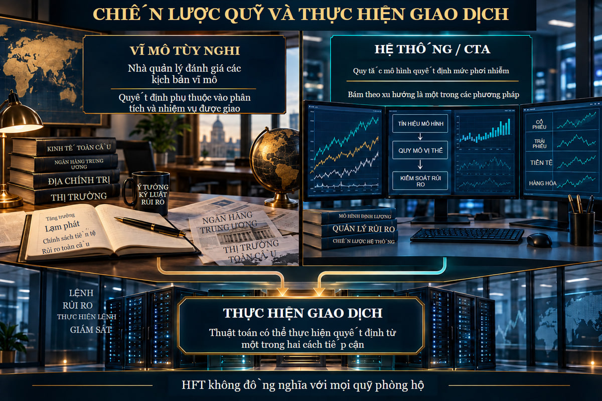 Hai cách quyết định đầu tư và thực hiện giao dịch riêng. Hai cách quyết định đầu tư và một lớp thực hiện giao dịch riêng. Sơ đồ mang tính minh họa.
