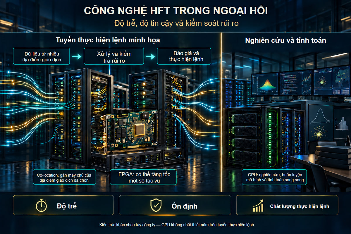 Hạ tầng HFT minh họa: đặt máy chủ cùng vị trí, FPGA và GPU. Kiến trúc minh họa. Đặt cùng vị trí liên quan địa điểm giao dịch được chọn; dùng FPGA và GPU tùy tác vụ và công ty.