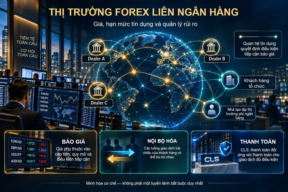 Dealer, hạn mức tín dụng và quy trình thanh toán riêng. Báo giá, quản lý phơi nhiễm và thanh toán là các quy trình riêng. Mạng lưới mang tính minh họa.