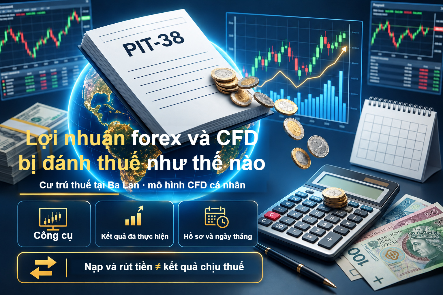 Chứng từ, máy tính và màn hình giao dịch xác định công cụ, kết quả đã thực hiện và ngày cho ví dụ thuế CFD cá nhân Ba Lan.