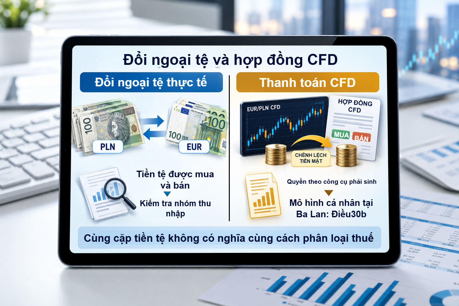 Đổi tiền thực tế so với quyết toán tiền mặt CFD cùng cặp tiền.