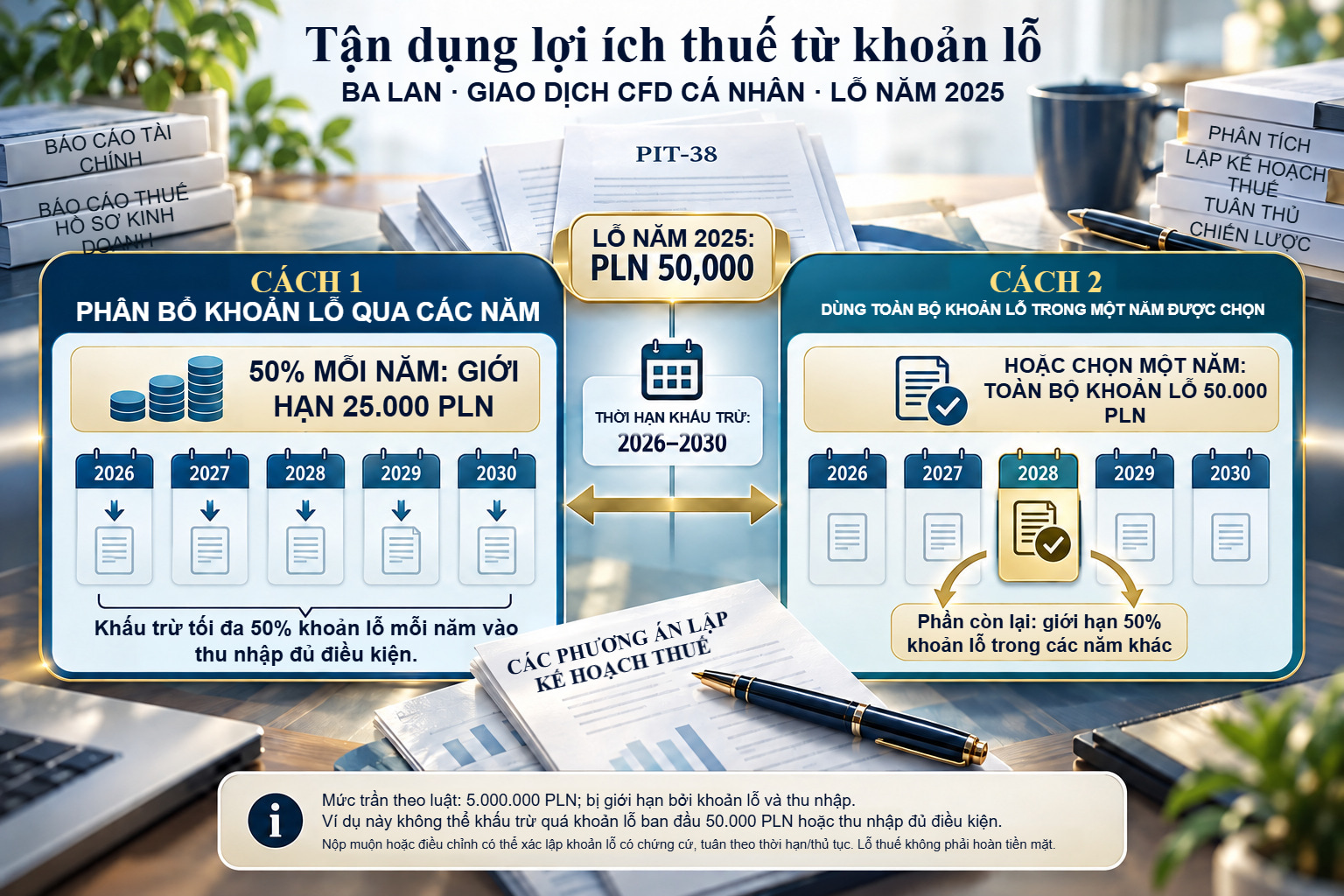 Lỗ 50.000 PLN năm 2025: thời hạn 2026–2030 và hai phương pháp khấu trừ