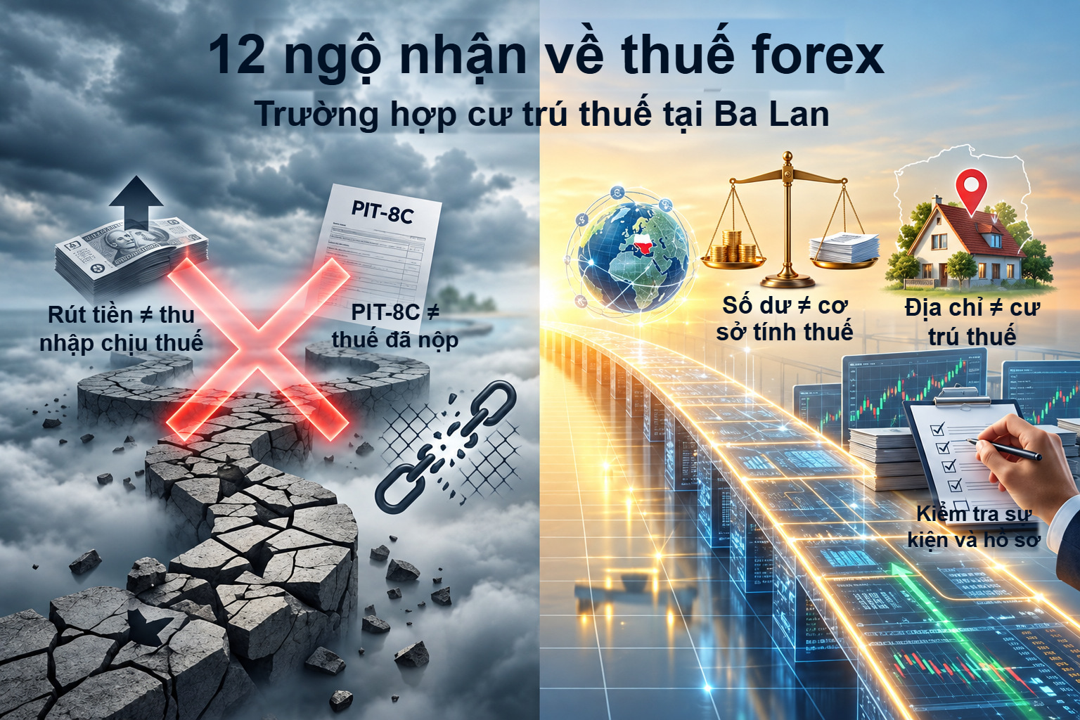Bốn phân biệt giữa rút tiền, thuế đã nộp, số dư tài khoản và cư trú thuế, trong bố cục chia đôi ngộ nhận so với hồ sơ.