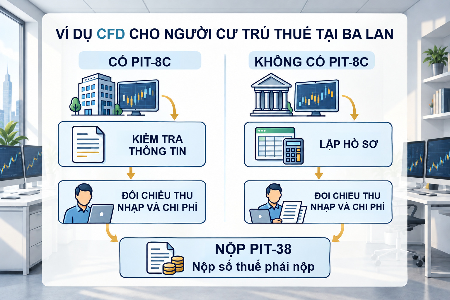Hai luồng: kiểm tra PIT-8C hoặc lập hồ sơ, đối chiếu dữ liệu, khai PIT-38 và nộp thuế phải trả