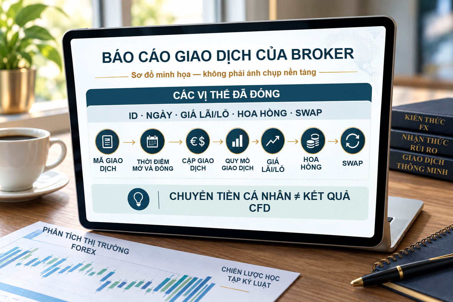 Báo cáo môi giới dạng sơ đồ với giao dịch đã đóng, lãi/lỗ do giá, hoa hồng và tài trợ riêng